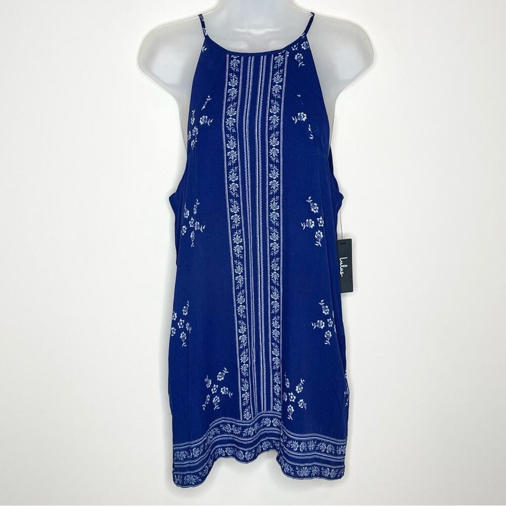 NWT LULUS Mediterranean Sea Navy Blue Rayon mini sun dress WOMEN'S SIZE SMALL - Picture 2 of 6